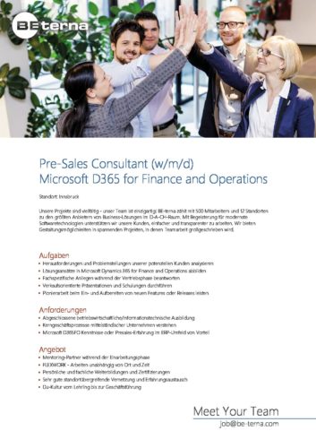 Top Job Pre Sales Consultant W M D Microsoft D365 For Finance And Operations Career Competence Karrieremesse Innsbruck Tirol Jobmesse Top Job Pre Sales Consultant W M D Microsoft D365 For Finance And Operations Career Competence Karrieremesse Innsbruck Tirol Jobmesse